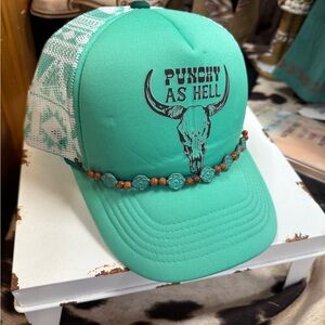 Teal Trucker Hat with Bull Skull Design